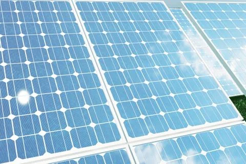 3D illustration solar panels with reflection the sunny sky. Background of Stock Illustration