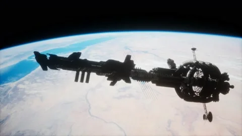 3D illustration of a spaceship in orbit around planet earth 動画素材 129884859