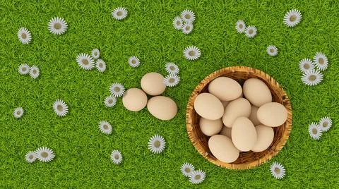 3d illustration. Spring, summer, Easter. Basket of eggs with grass and butter Stock-Illustration
