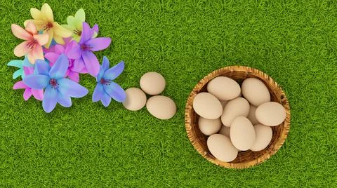 3d illustration. Spring, summer, Easter. Basket of eggs with grass and butter 스톡 일러스트