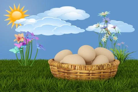 3d illustration. Spring, summer, Easter. Basket of eggs with grass and butter 스톡 일러스트