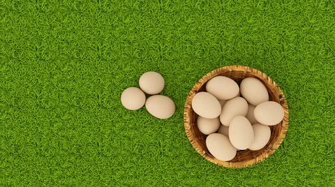 3d illustration. Spring, summer, Easter. Basket of eggs with grass and butter 스톡 일러스트