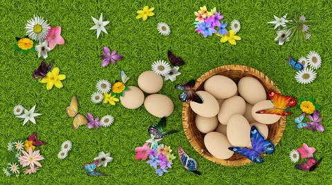 3d illustration. Spring, summer, Easter. Basket of eggs with grass and butter Stock Illustration