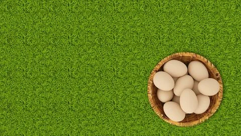 3d illustration. Spring, summer, Easter. Basket of eggs with grass and butter イラスト素材