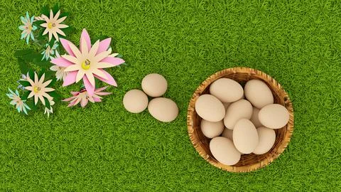 3d illustration. Spring, summer, Easter. Basket of eggs with grass and butter Иллюстрация