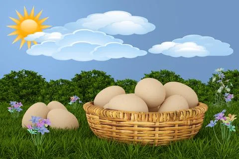 3d illustration. Spring, summer, Easter. Basket of eggs with grass and butter 스톡 일러스트
