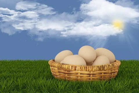 3d illustration. Spring, summer, Easter. Basket of eggs with grass and butter 스톡 일러스트
