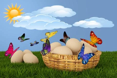 3d illustration. Spring, summer, Easter. Basket of eggs with grass and butter Stock Illustration