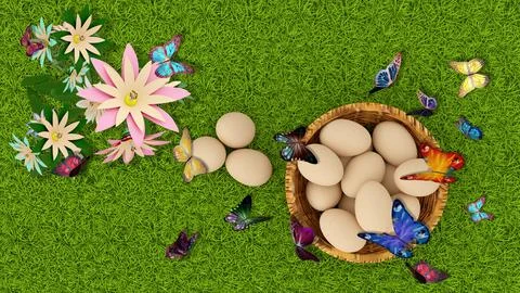 3d illustration. Spring, summer, Easter. Basket of eggs with grass and butter 스톡 일러스트