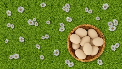 3d illustration. Spring, summer, Easter. Basket of eggs with grass and butter Иллюстрация