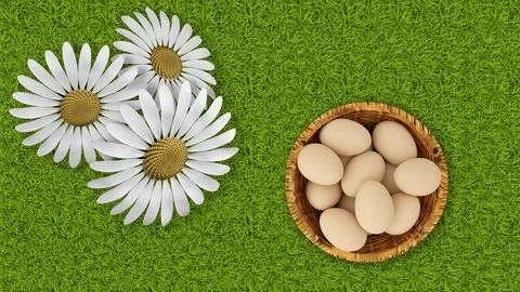3d illustration. Spring, summer, Easter. Basket of eggs with grass and butter 스톡 일러스트