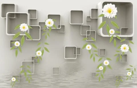 3d illustration - squares with rounded corners, water and flowers Stock Illustration