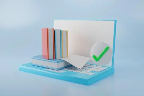 3D illustration stack of books on laptop distance education concept online ed Stock Illustration