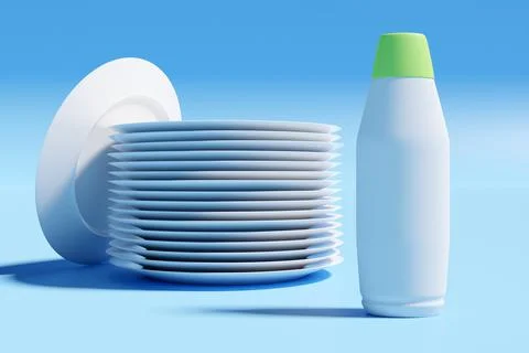 3d illustration of a stack of identical white dinner plates with a bottle of  스톡 일러스트