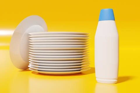 3d illustration of a stack of identical white dinner plates with a bottle of  Stock Photos