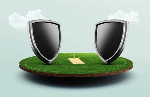 3D illustration of stadium of Cricket with shield emblem on pitch and VS versus 스톡 일러스트