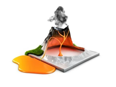 3d illustration. Structure of volcano, grass and eruption lava, hot natural e イラスト素材