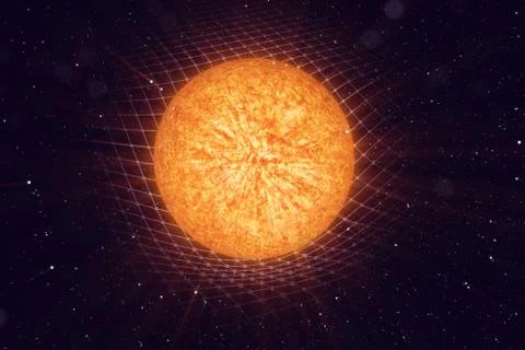 3D illustration Sun gravity bends space around it. With bokeh effect. Concept Illustrazione stock