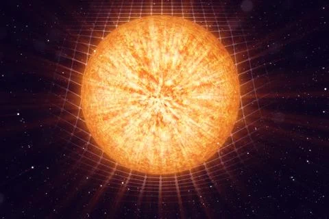 3D illustration Sun gravity bends space around it. With bokeh effect. Concept Stock Illustration