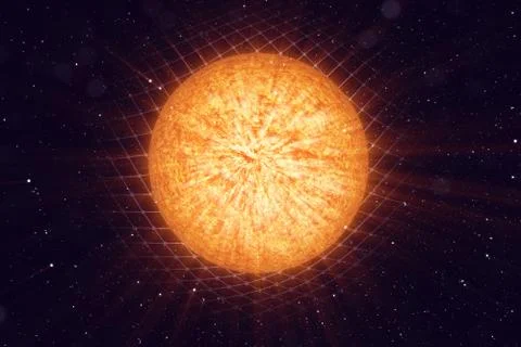 3D illustration Sun gravity bends space around it. With bokeh effect. Concept Stock Illustration