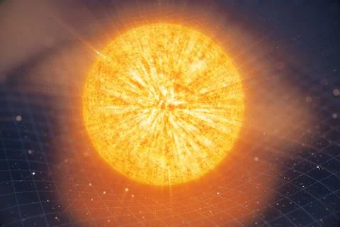 3D illustration Sun gravity bends space around it. With bokeh effect. Concept Illustrazione stock