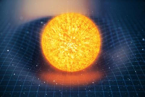 3D illustration Sun gravity bends space around it. With bokeh effect. Concept Illustrazione stock