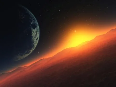 3D illustration of sunset on alien planet Stock Illustration