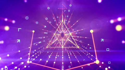 3d illustration of a symmetric triangular neon portal with rhombus figures in Illustrazione stock