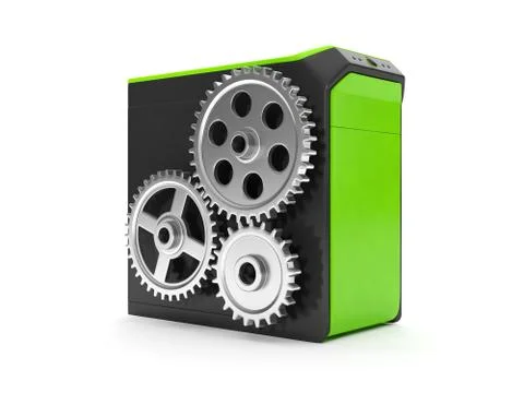 3d illustration: system unit and a group of gears. the system Stock Illustration