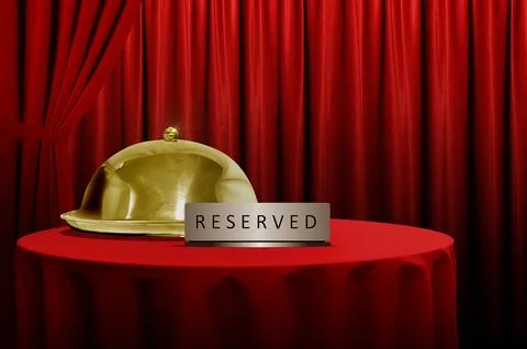 3d illustration of table reservation concept with red curtain background Stock Illustration