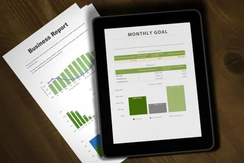 3d illustration tablet and business report on table Stock Illustration