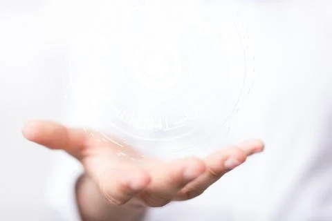 3D illustration of a technology binary code interface above a hand Stock Photos