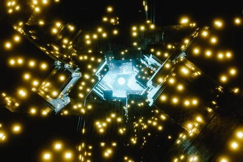 3D illustration. Technology metallic cubes with glowing lights in digital tun イラスト素材