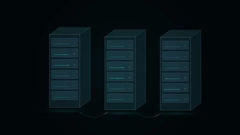 A 3D illustration of three dark server towers against a black background de.. Stock Footage 347464698