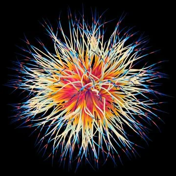3D illustration of three-dimensional object like a virus on black background. Illustrazione stock