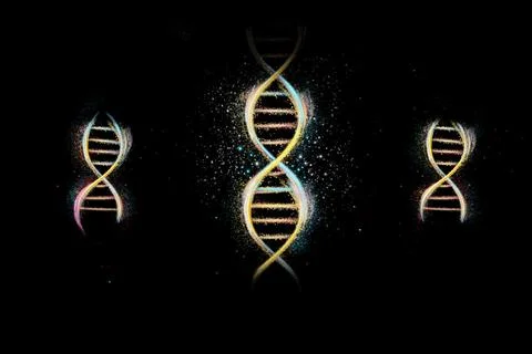 3d illustration three dna molecules made of small nanoparticles glow on a black Illustrazione stock