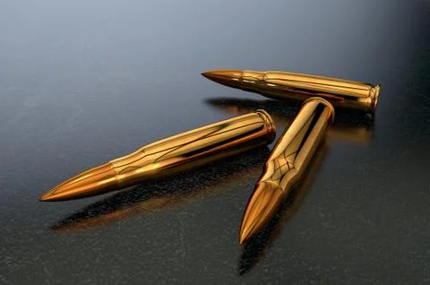 3D illustration of three large-caliber cartridges lying on a dark surface Stock Illustration