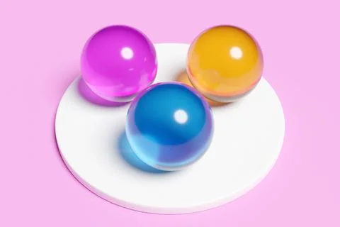 3D illustration of three multi-colored balls on a pink background. Close-up o Stock Illustration