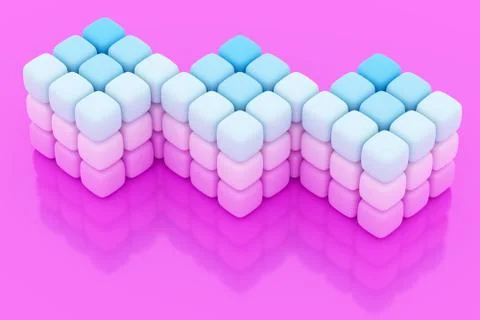 3D illustration of a three  neon  white cubes  of small cubes on pink isolate Stock Illustration
