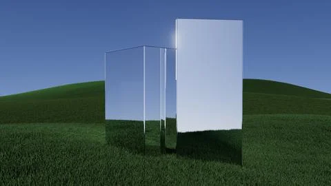 3d illustration Three rectangular pieces of glass are reflected in the grass 스톡 일러스트