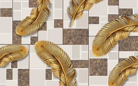 3d illustration, tiled background, large gold feathers Illustrazione stock