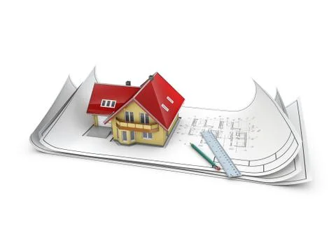 3d Illustration of Top view of architect drawing on architectural project Stock Illustration