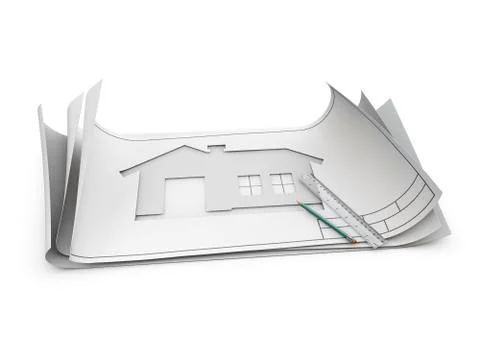 3d Illustration of Top view of architect drawing on architectural project Stock Illustration
