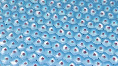 3d illustration of a top view on blue cell pattern with yellow cell nucleus Stock Illustration
