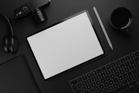 3D illustration Top view mock up digital tablet with white screen and stylus Stock Illustration