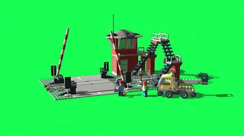 3d illustration -  Train Level Crossing made from plastic bricks Stock Illustration