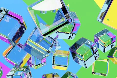 3d illustration of   transparent   cubes on rainbow background . Parallelogra イラスト素材