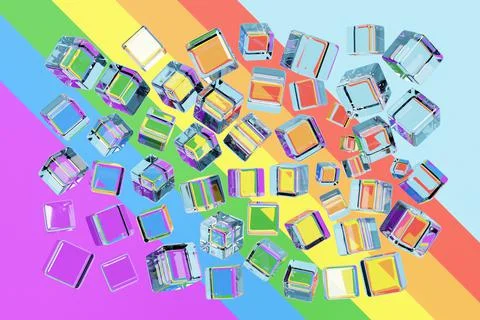 3d illustration of   transparent   cubes on rainbow background . Parallelogra イラスト素材