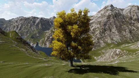 3D illustration of a tree on a background of mountains. 3D Render Stock Illustration