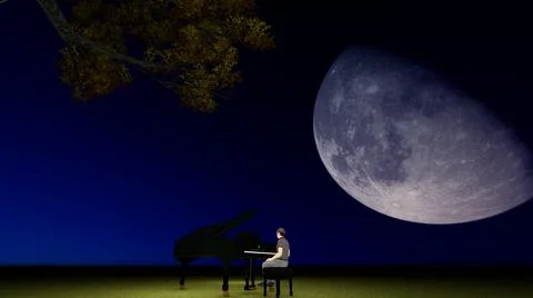 3D illustration of a tree on a full moon background. A man plays the piano on Stock Illustration
